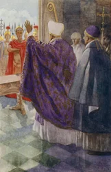 Der heilige Ambrosius verwehrt dem römischen Kaiser Theodosius den Eintritt in den Mailänder Dom als Strafe für das Massaker von Thessaloniki im Jahr 390